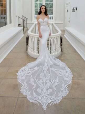 Martha Enzoani Blue Wedding Dress. Off shoulder crepe and lace bridal gown. Chameleon Bride Bournemouth Dorset