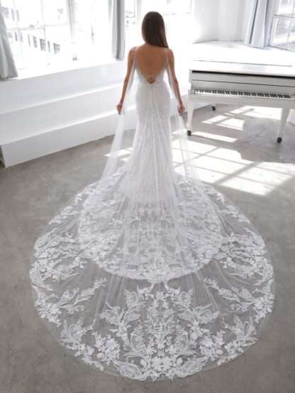 Neda Enzoani Blue Wedding Dress with tulle wings cape. Chameleon Bride Bournemouth Dorset