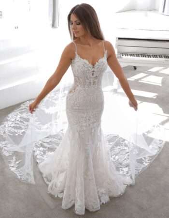 Neda Enzoani Blue Wedding Dress with tulle wings cape. Chameleon Bride Bournemouth Dorset