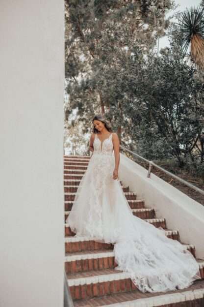Riva D3324 Essense of Australia Wedding Dress. Fitted lace bridal gown with aline tulle overskirt. Chameleon Bride Dorset