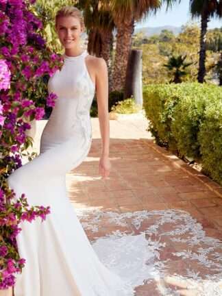 Vionnet ELysee Bridal Wedding Dress. Halter High neck crepe with lace train. Chameleon Bride Bournemouth Dorset