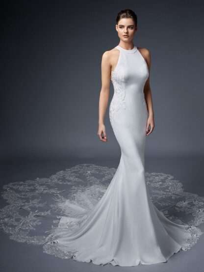Vionnet ELysee Bridal Wedding Dress. Halter High neck crepe with lace train. Chameleon Bride Bournemouth Dorset