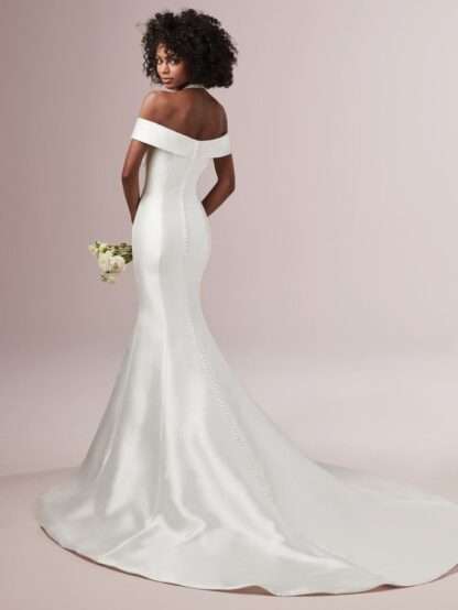 Josie Rebecca Ingram Wedding Dress. Off shoulder plain satin. Chameleon Bride Dorset