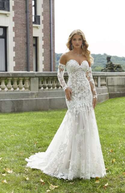 2405 Dionne Morilee Wedding Dress. Detachable long sleeves on strapless mermaid bridal gown. Chameleon Bride Bournemouth Dorset