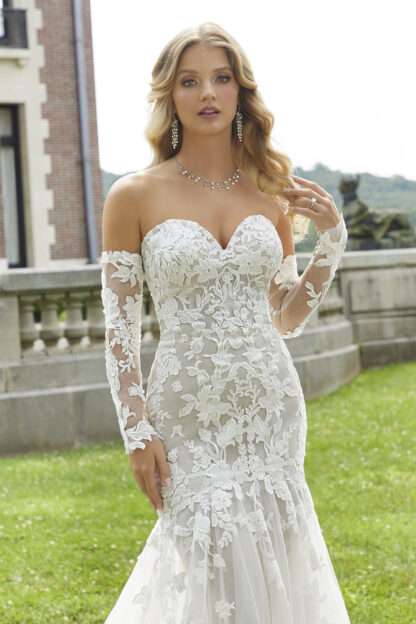 2405 Dionne Morilee Wedding Dress. Detachable long sleeves on strapless mermaid bridal gown. Chameleon Bride Bournemouth Dorset
