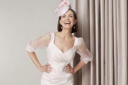 27028 John Charles blush pink dress with organza sleeves. Mother of the bride groom dress Chameleon Bride Hampshire
