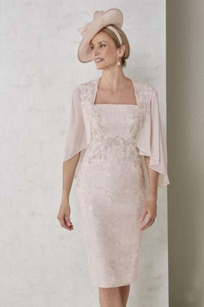 27029 John Charles blush pink bodycon strapless dress with chiffon coverup shawl cape Mother of the bride groom dress Chameleon Bride Hampshire