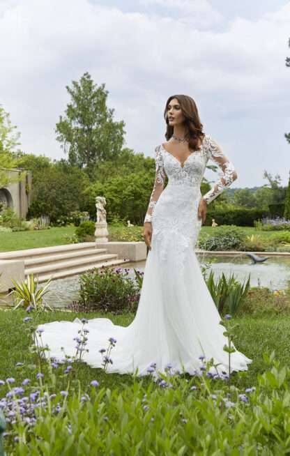 5944 Dakota Morilee Wedding Dress Chameleon Bride Dorset. Long lace sleeves with v neck mermaid lace wedding dress.