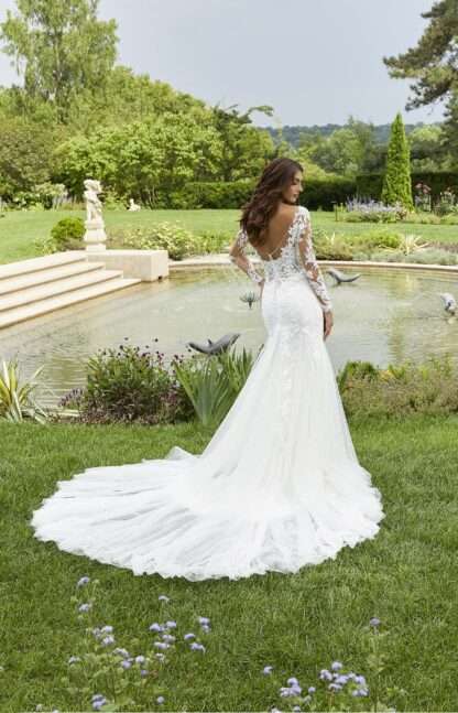 5944 Dakota Morilee Wedding Dress Chameleon Bride Dorset. Long lace sleeves with v neck mermaid lace wedding dress.