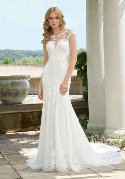 5946 Daisy Morilee Wedding Dress. High neck illusion lace fitted bridal gown. Chameleon Bride Bournemouth Dorset