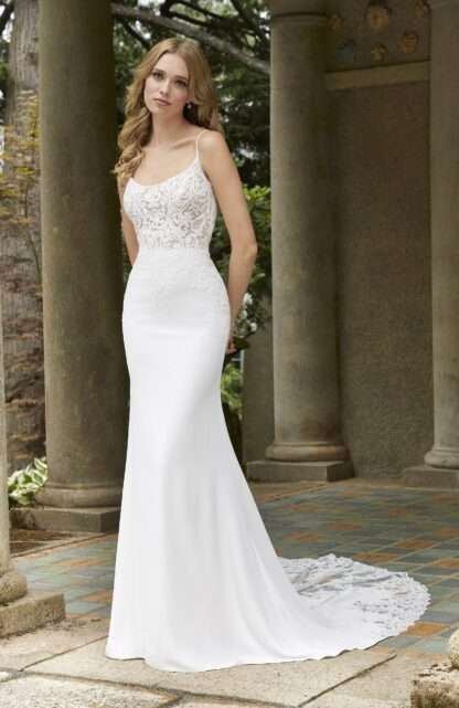 Diane 5953 Morilee Wedding Dress Chameleon Bride Dorset. scoop square neckline with spaghetti straps. Fitted sheath lace bridal gown. Hampshire