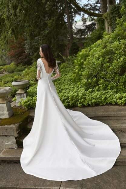 5960 Beatrix Morilee Wedding Dress. Similar to Sizanne Neville. Lace long sleeves with satin mikado a line skirt and v neckline. Chameleon Bride Dorset