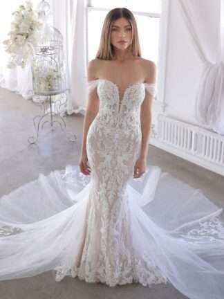 Ollie Enzoani Blue Wedding Dress. Strapless off shoulder lace bridal gown. Chameleon Bride Bournemouth Dorset