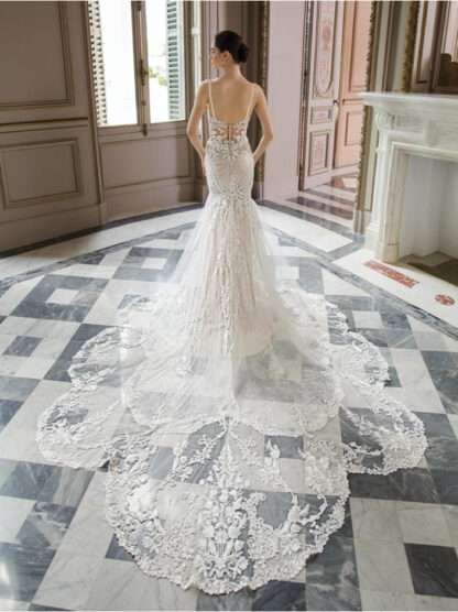 Sibylla Elysee bridal Wedding Dress. Spaghetti strap lace bridal gown with modest scoop square neckline