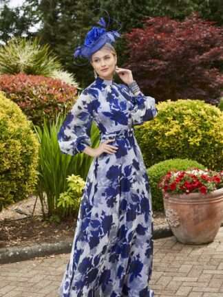 991885 Royal Blue and Silver long flowy dress with sleeves and high modest neckline. Chameleon Bride Bournemouth Dorset Hampshire.