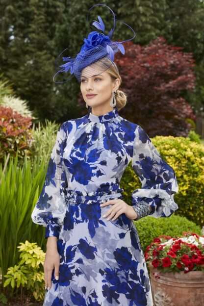 991885 Royal Blue and Silver long flowy dress with sleeves and high modest neckline. Chameleon Bride Bournemouth Dorset Hampshire