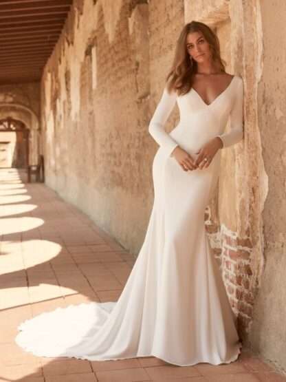 Fernanda Maggie Sottero. Long sleeve plain crepe wedding dress. Chameleon Bride Bournemouth Dorset