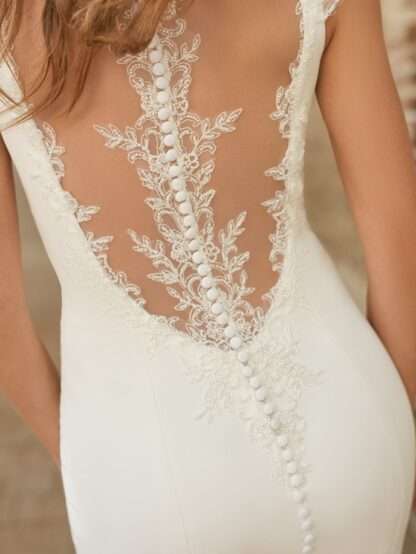 Hayes Maggie Sottero cap sleeve plain crepe wedding dress with illuison back. Chameleon Bride Bournemouth Dorset