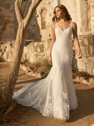 Canberra Maggie Sottero Wedding Dress. V neck modest. Chameleon Bride Bournemouth Dorset