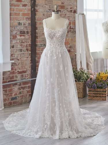 MIndel Maggie Sottero Wedding Dress. Square neckline boho bridal gown. Chameleon Bride Dorset
