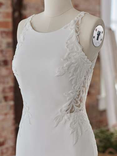 Bellarose Rebecca Ingram Wedding Dress. High halter racer neck plain crepe with lace beaded detailing. Chameleon Bride Dorset