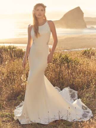 Bellarose Rebecca Ingram Wedding Dress. High halter racer neck plain crepe with lace beaded detailing. Chameleon Bride Dorset