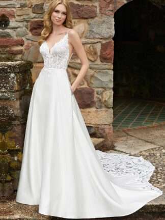 Darcy 5945 Morilee Wedding Dress. Sparkly lace top with plain aline satin skirt. Chameleon Bride Bournemouth Dorset