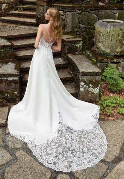 Darcy 5945 Morilee Wedding Dress. Sparkly lace top with plain aline satin skirt. Chameleon Bride Bournemouth Dorset