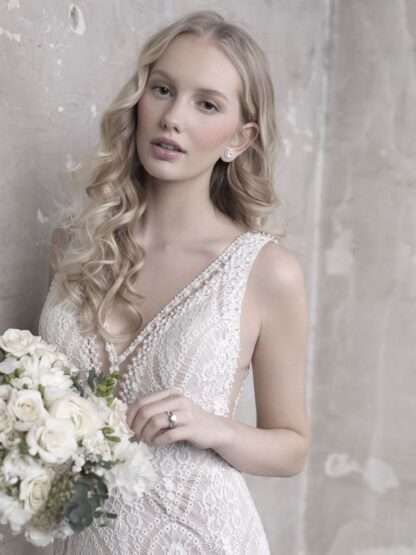 Riley MJ469 crochet boho lace wedding dress with v plunge neck and low back. Chameleon Bride Bournemouth Dorset