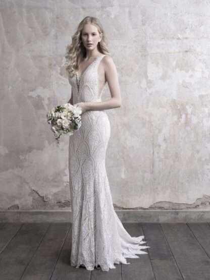 Riley MJ469 crochet boho lace wedding dress with v plunge neck and low back. Chameleon Bride Bournemouth Dorset