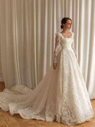 Anrie Eva Lendel Wedding Dress with detachable long lace sleeves and square neckline. Chameleon Bride Dorset