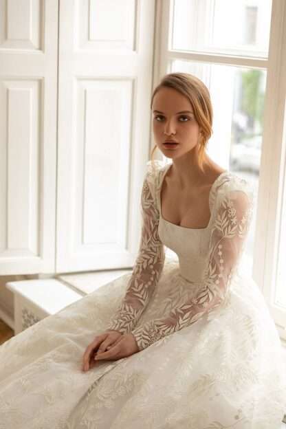 Anrie Eva Lendel Wedding Dress with detachable long lace sleeves and square neckline. Chameleon Bride Dorset