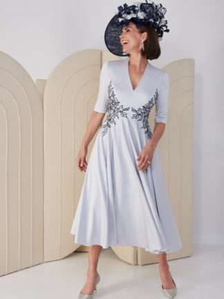 28019 John Charles pale blue navy aline flowy dress with sleeves. John Charles Mother of the Bride Groom outfits Chameleon Dorset