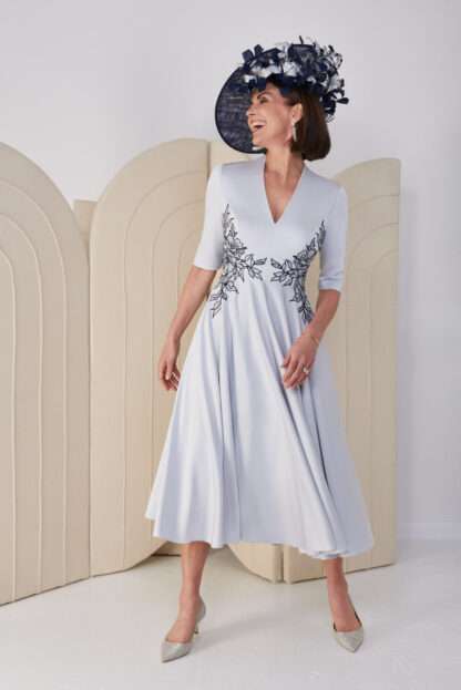 28019 John Charles pale blue navy aline flowy dress with sleeves. John Charles Mother of the Bride Groom outfits Chameleon Dorset