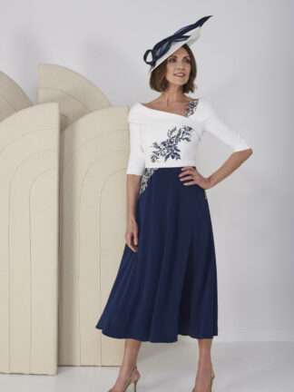 66209 John Charles pale ivory navy aline flowy dress with sleeves. John Charles Mother of the Bride Groom outfits Chameleon Dorset