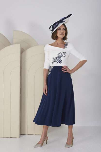 66209 John Charles pale ivory navy aline flowy dress with sleeves. John Charles Mother of the Bride Groom outfits Chameleon Dorset