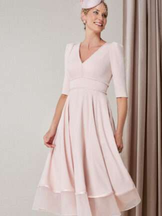 27034 John Charles blush pink aline flowy dress with sleeves. John Charles Mother of the Bride Groom outfits Chameleon Dorset