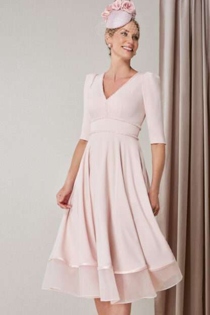 27034 John Charles blush pink aline flowy dress with sleeves. John Charles Mother of the Bride Groom outfits Chameleon Dorset