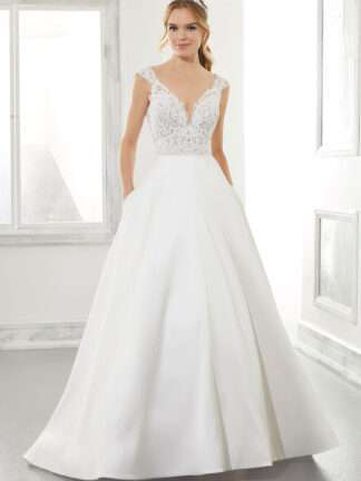 5867 Adele Morilee Wedding Dress. V neck lace top with illusion back and plain satin skirt