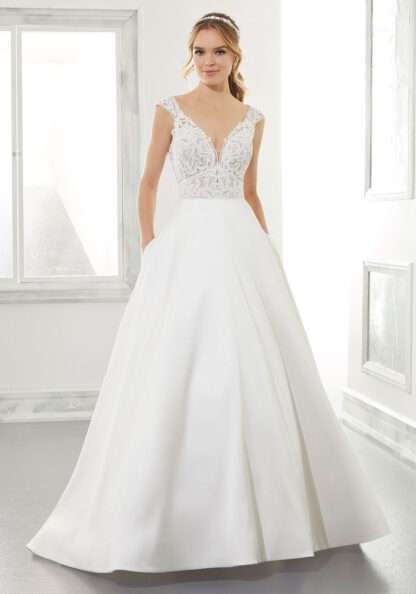 5867 Adele Morilee Wedding Dress. V neck lace top with illusion back and plain satin skirt