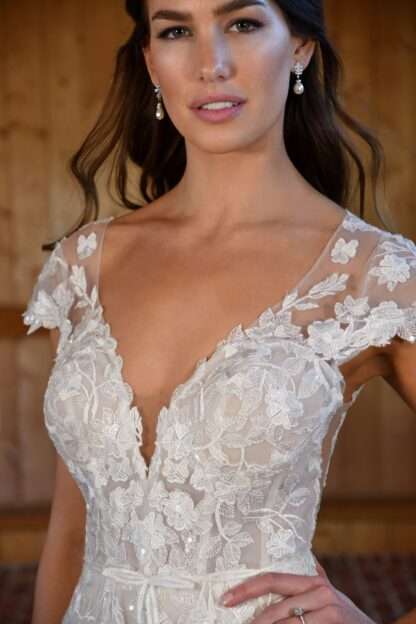 Astrid Essense of Australia D3487 Wedding Dress Chameleon Dorset Cap sleeve lace aline wedding dress with open keyhole back Abella