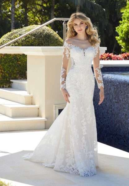 Frieda 5980 Morilee Wedding Dress with long lace sleeves. Chameleon Bride Bournemouth Dorset