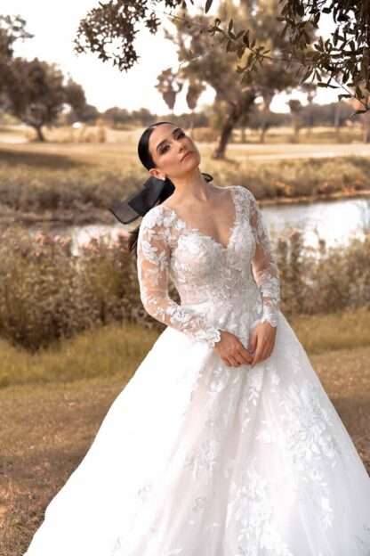 Lina D3358 Essense of Australia Wedding dress with long lace sleeves aline. Plus size curvy bride with curves Dorset