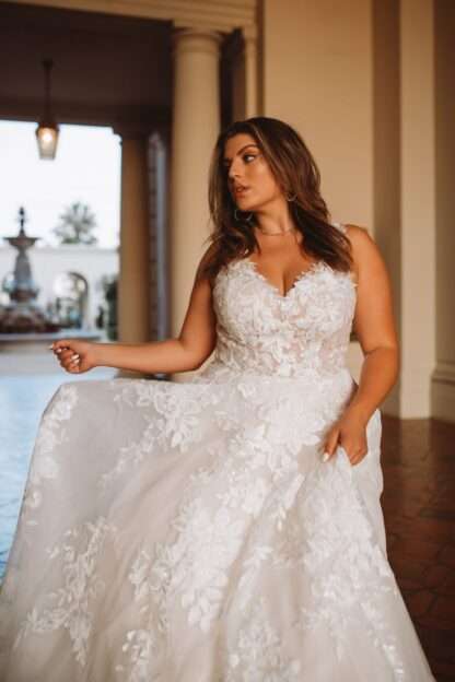 Lina D3358 Essense of Australia Wedding dress with long lace sleeves aline. Plus size curvy bride with curves