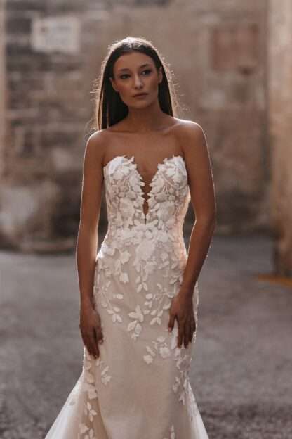 Zara E161 Abella Wedding Dress. Strapless floral modern lace with shimmering underlay by Allure Bridals. Available now at Chameleon Bride Bournemouth Dorset