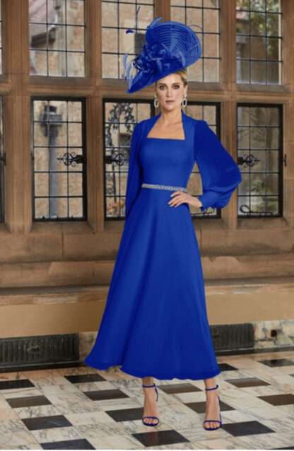 29708 Veni Infantino Mother of the Bride Groom Dress chiffon lightweight A-line midi length dress with long sleeves and square neckline.