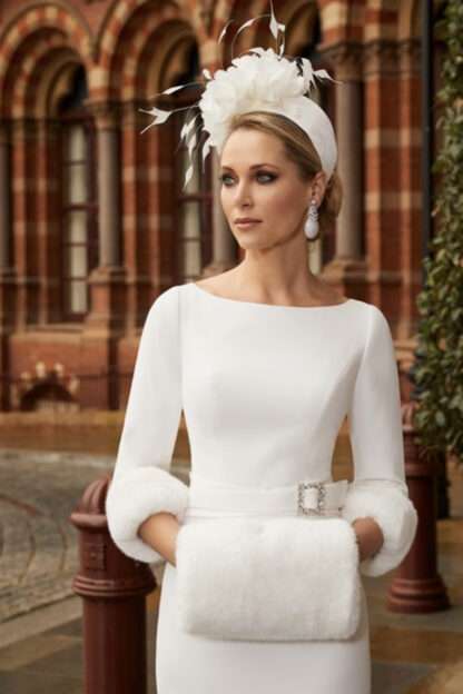 991810 Veni Infantino Mother of the Bride Groom winter wedding guest Plain simple crepe with detachable faux fur collar, cuff and hand muff