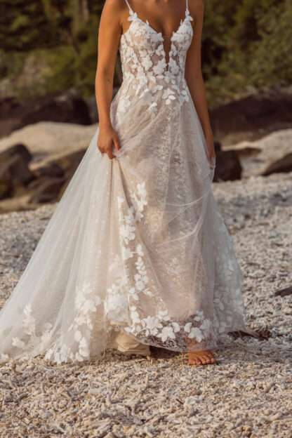 Jenica Madi Lane Wedding dress. Spaghetti strap soft flowy aline with boho cotton lace. Chameleon Bride Bournemouth Dorset