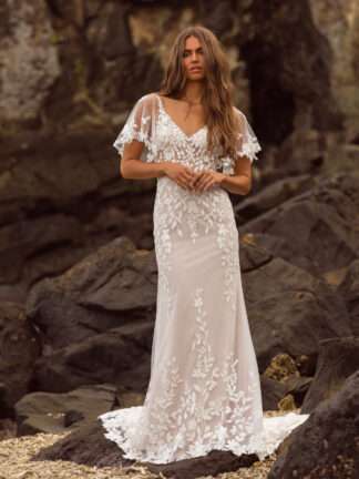 Jenna Madi Lane Wedding dress with detachable flutter flowy sleeves. Chameleon Bride Bournemouth Dorset