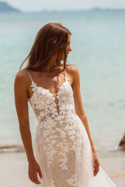 Jesslyn Madi Lane Wedding Dress with detachable overskirt and long lace sleeves. Chameleon Bride Bournemouth Dorset